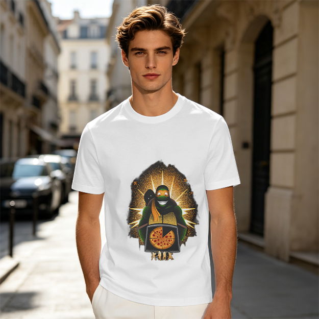 Olive T-shirt with Teenage Mutant Ninja Turtle Pizza Graphic
