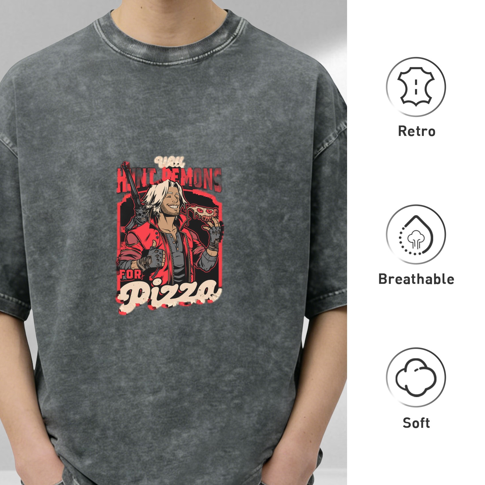 Devil May Cry Dante 'Hunt Demons For Pizza' Graphic Stone Wash T-Shirt