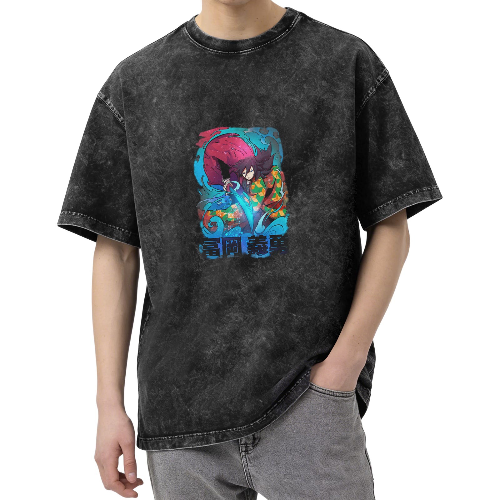 Oversized washed anime graphic t-shirt with water demon slayer character