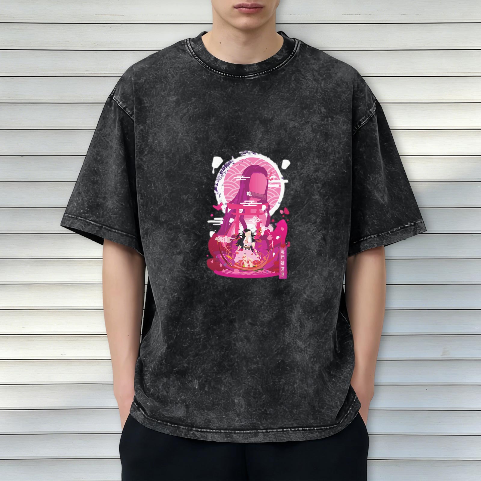 Demon Slayer: Kimetsu no Yaiba Nezuko themed old washed black loose short-sleeved T-shirt