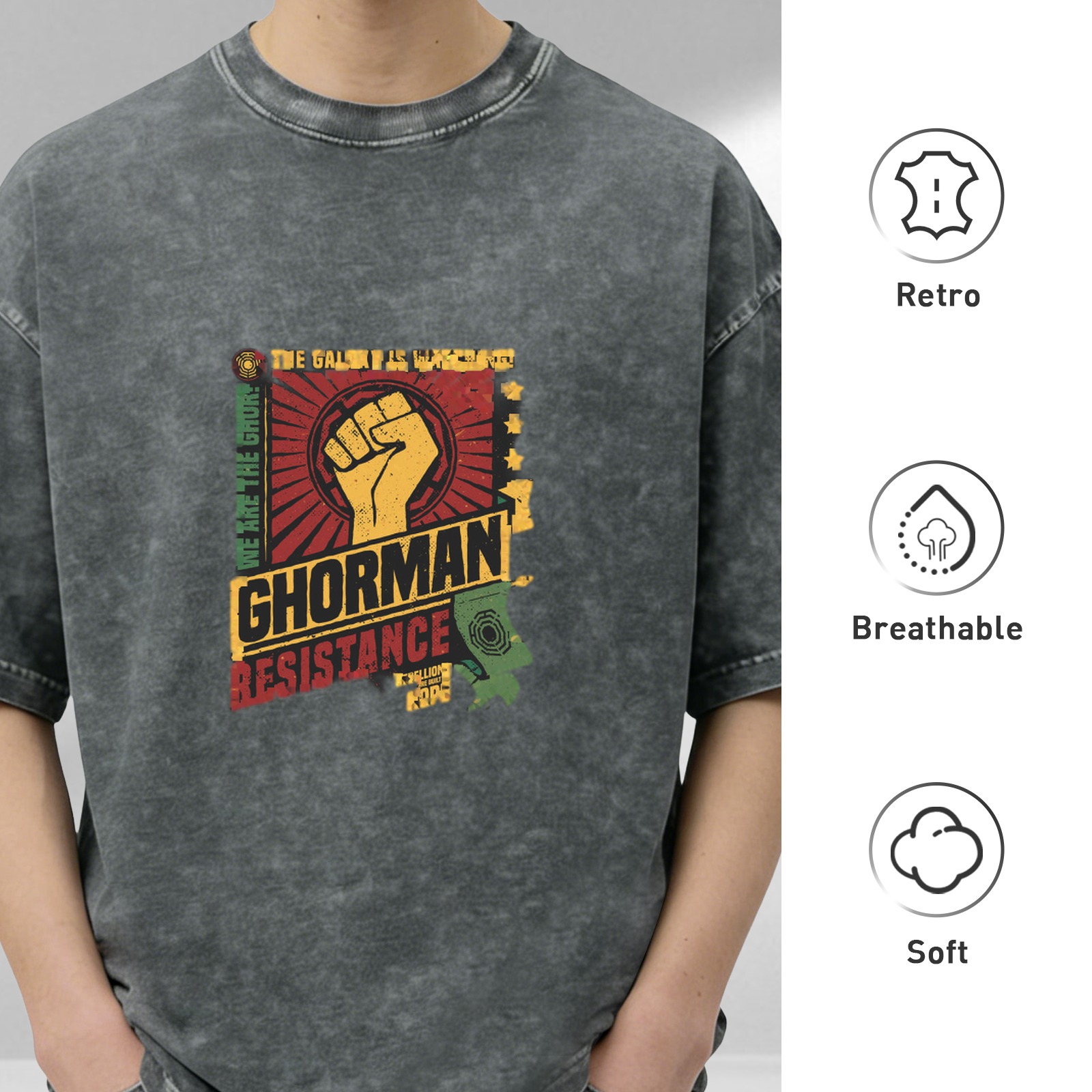 Ghorman Resistance Fist Graphic Acid-Wash Oversized T-Shirt