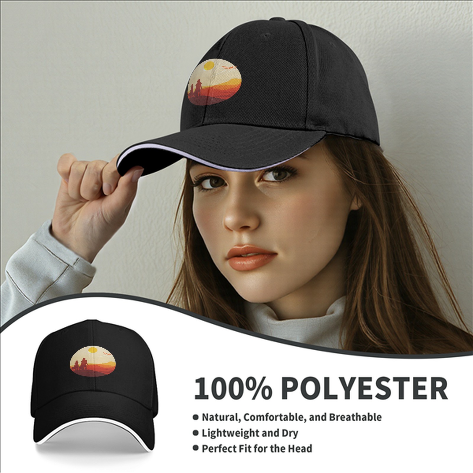 Black baseball cap with desert sunset silhouette print