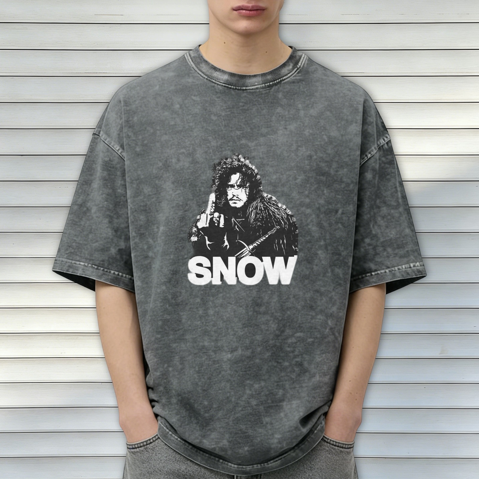 Oversized Stonewashed T-Shirt with Jon Snow Graphic Print