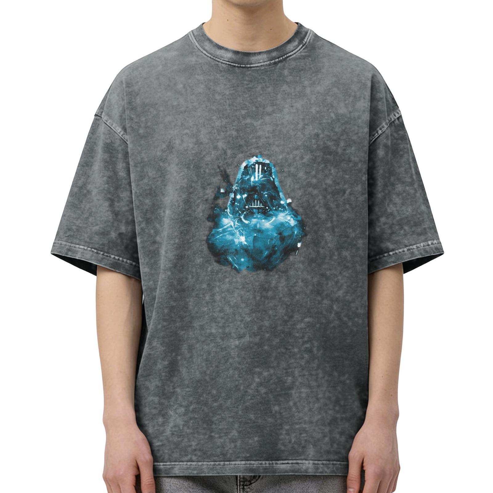 Washed Black Oversized T-Shirt With Glowing Blue Darth Vader Graphic