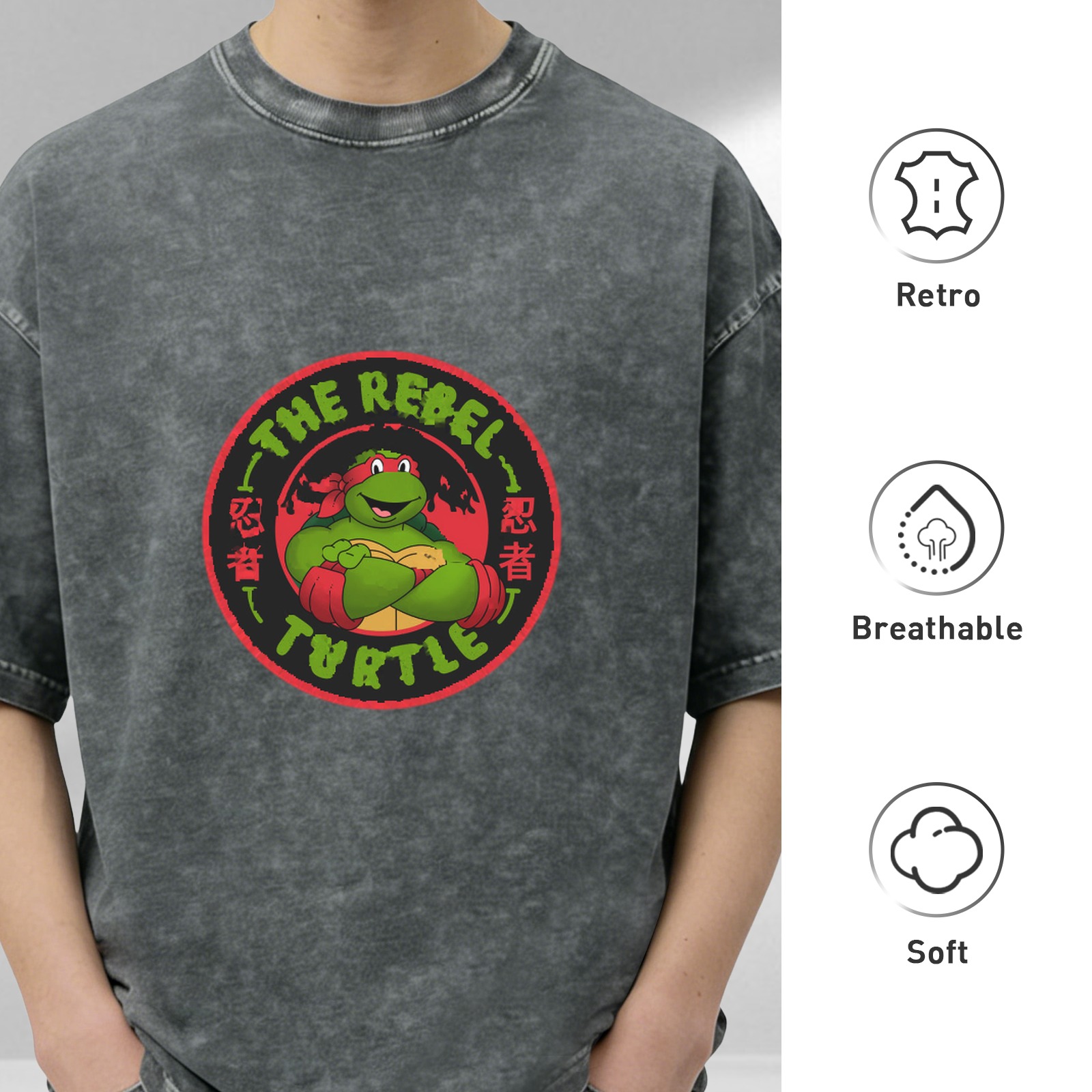 Washed black t-shirt with Teenage Mutant Ninja Turtle Rebel Turtle graphic