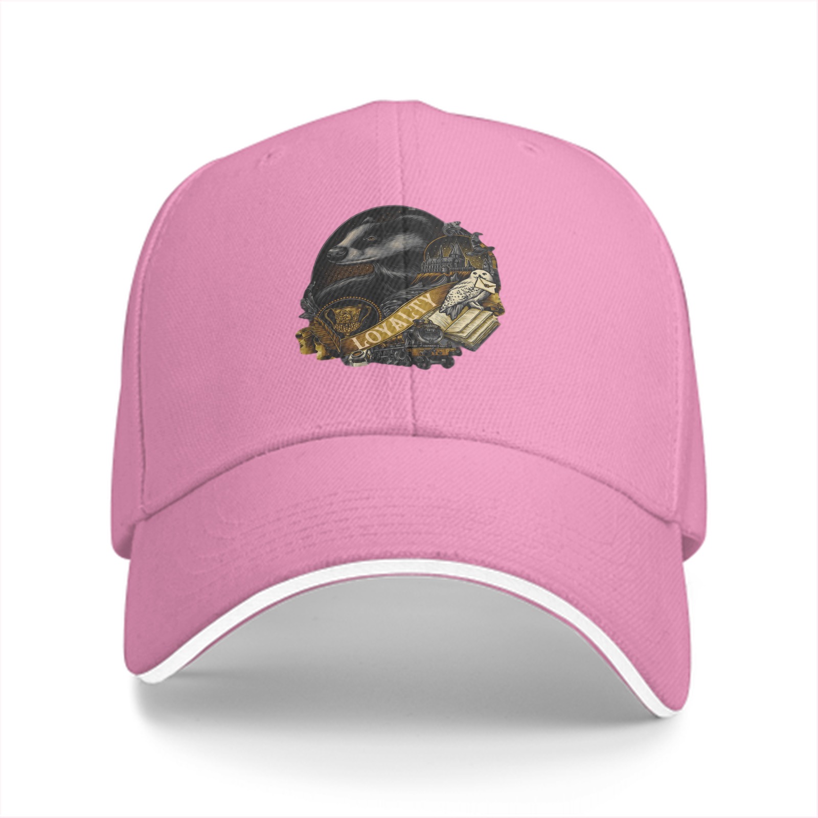 Black baseball cap with Hufflepuff loyalty badger crest print