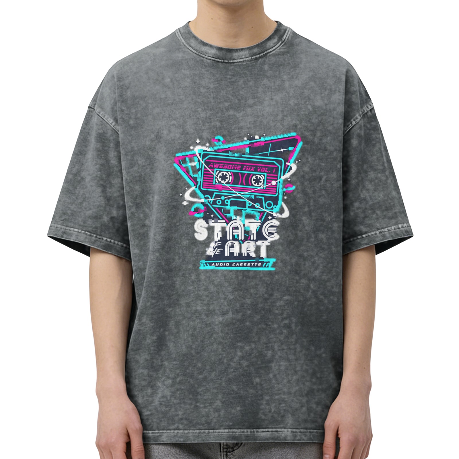 Oversized Acid Wash T-Shirt with Retro 80s Cassette Graphic