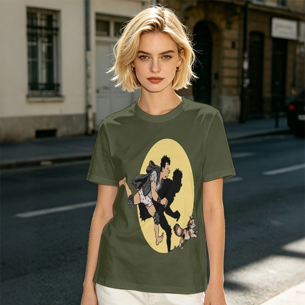 Olive T-Shirt With Cartoon Running Figure And Shadow Print