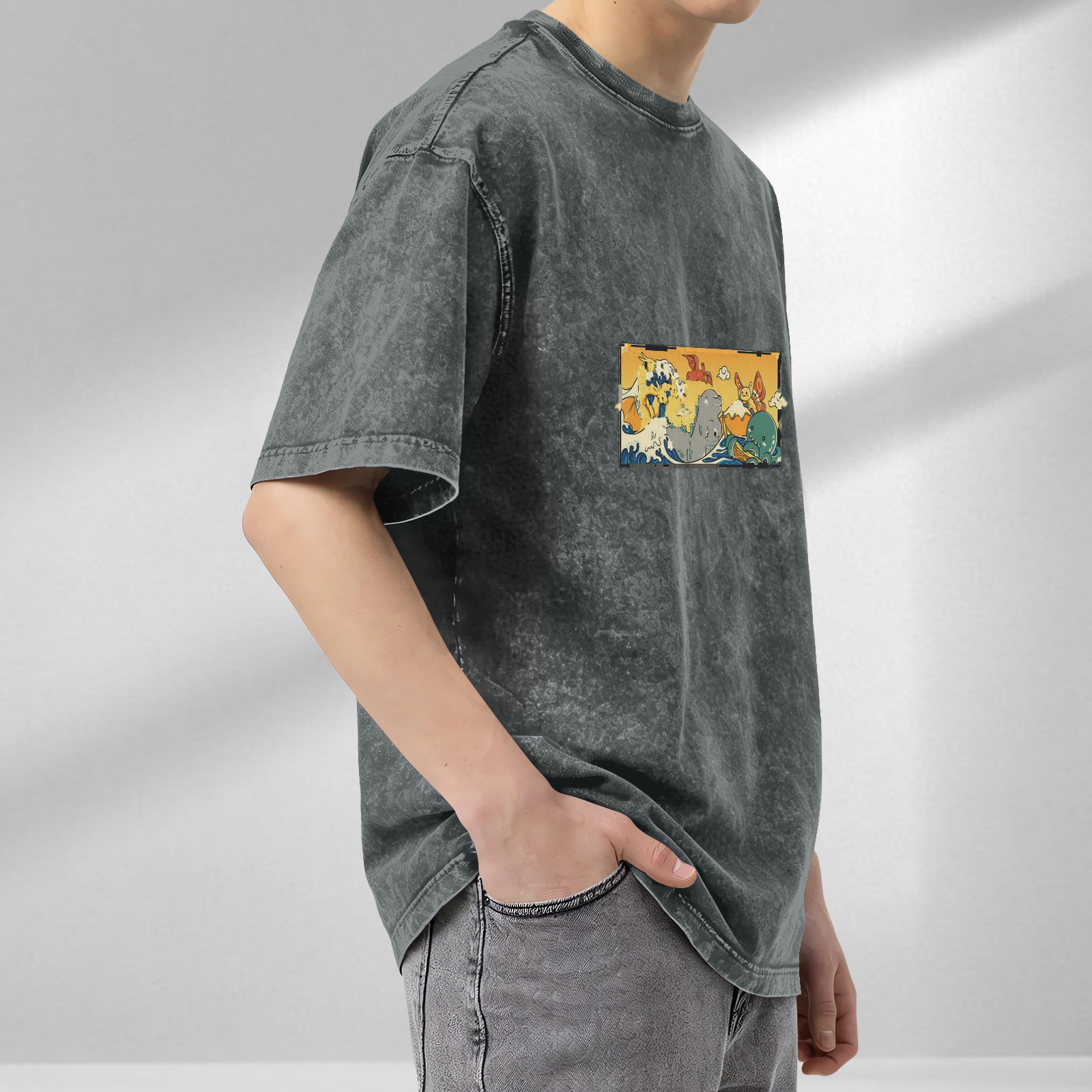Washed Black Oversized T-Shirt with Cute Monster Wave Graphic