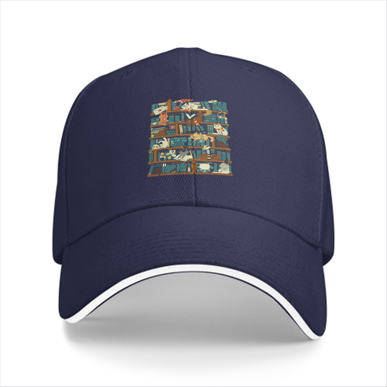 Black Baseball Cap With Playful Cats On Bookshelf Graphic