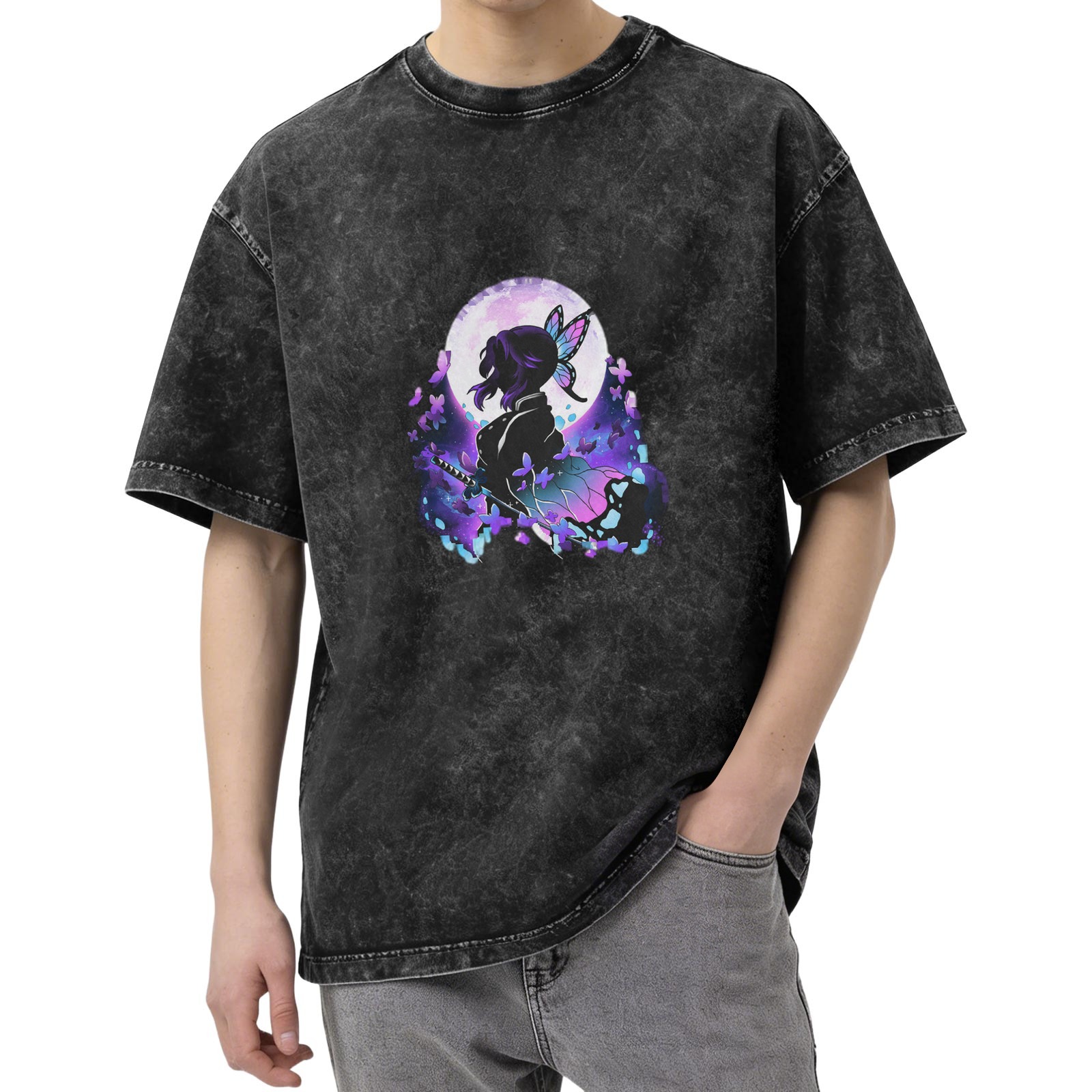Oversized Acid Wash T-Shirt With Anime Butterfly Silhouette Graphic