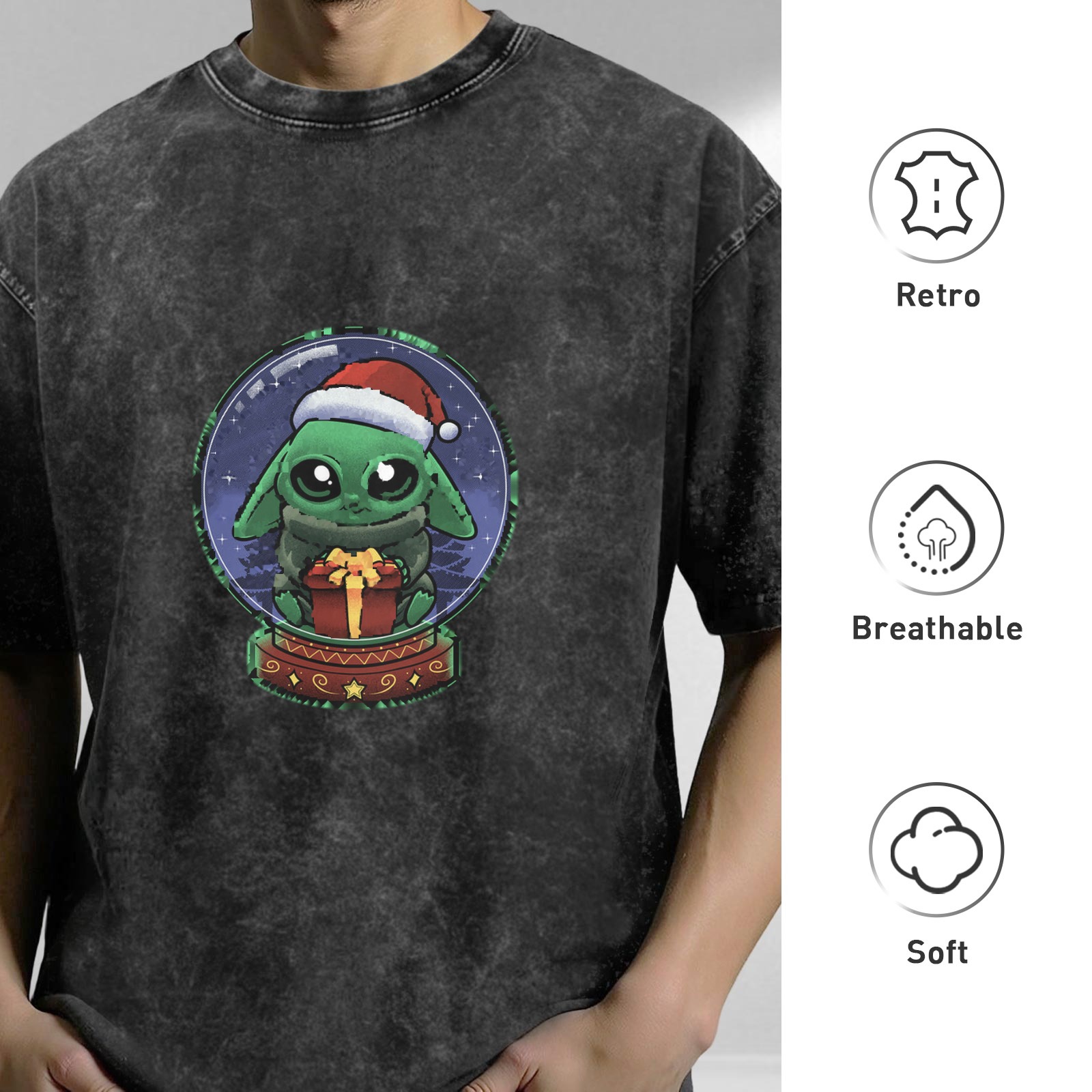 Washed black t-shirt with Baby Yoda in Christmas snow globe graphic