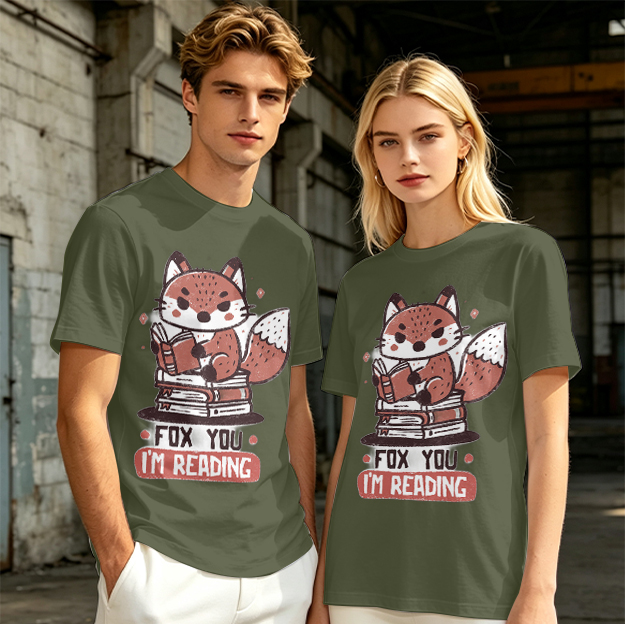 Olive T-Shirt with Cute Fox Reading Book Pun Print