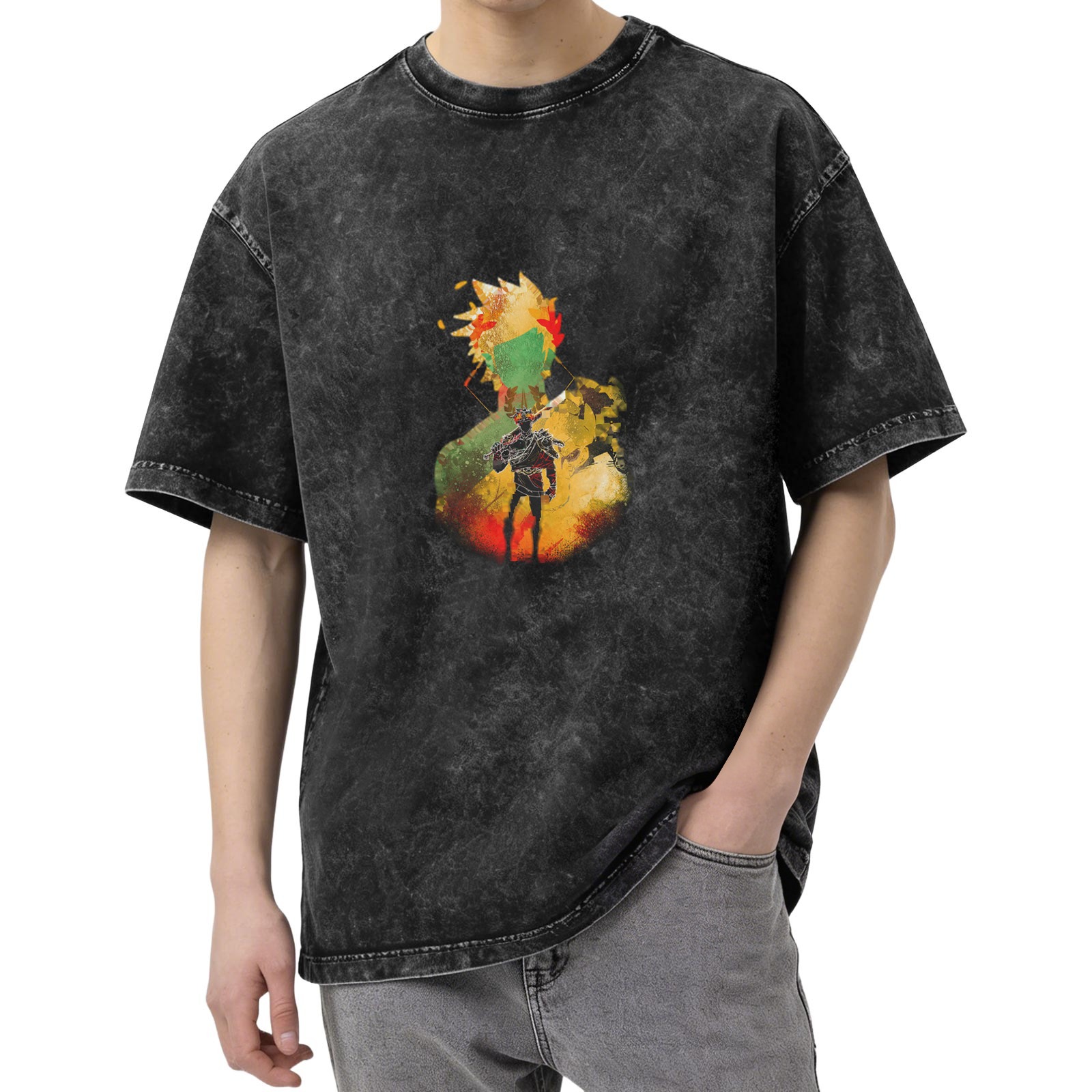Oversized Acid Wash T-Shirt with Anime Warrior Graphic Print