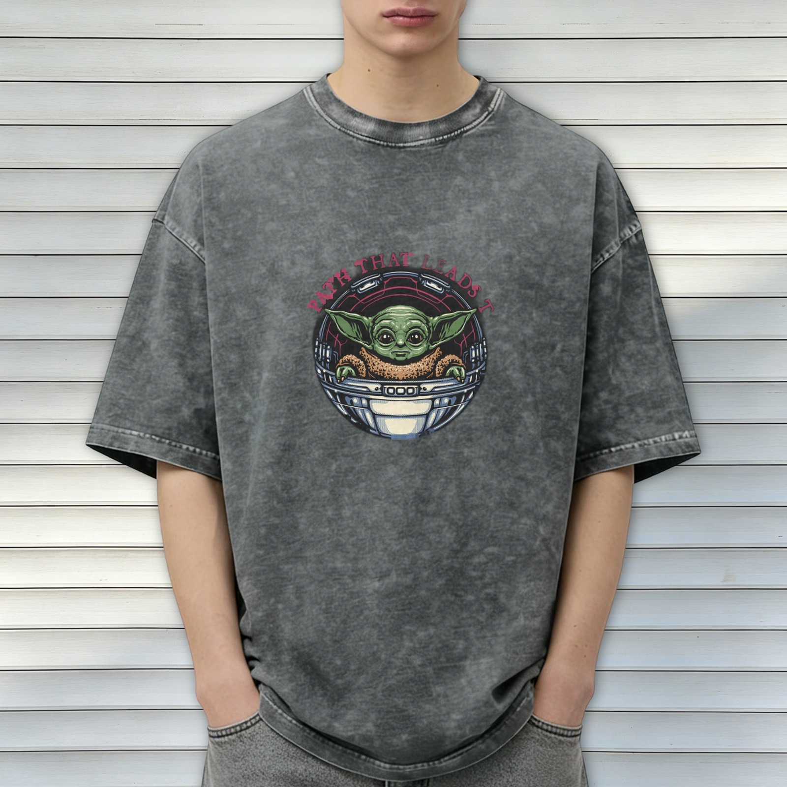 Washed graphic t-shirt with Baby Yoda in pod and path text