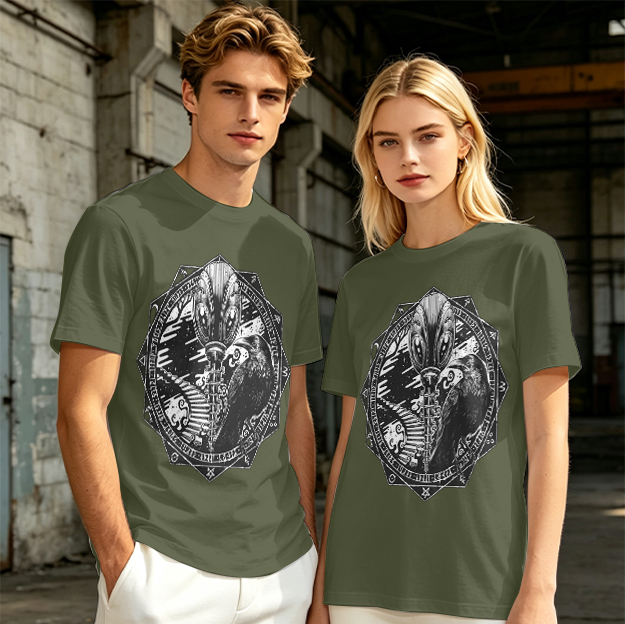 Olive Green T-Shirt With Alien Raven Occult Graphic Print