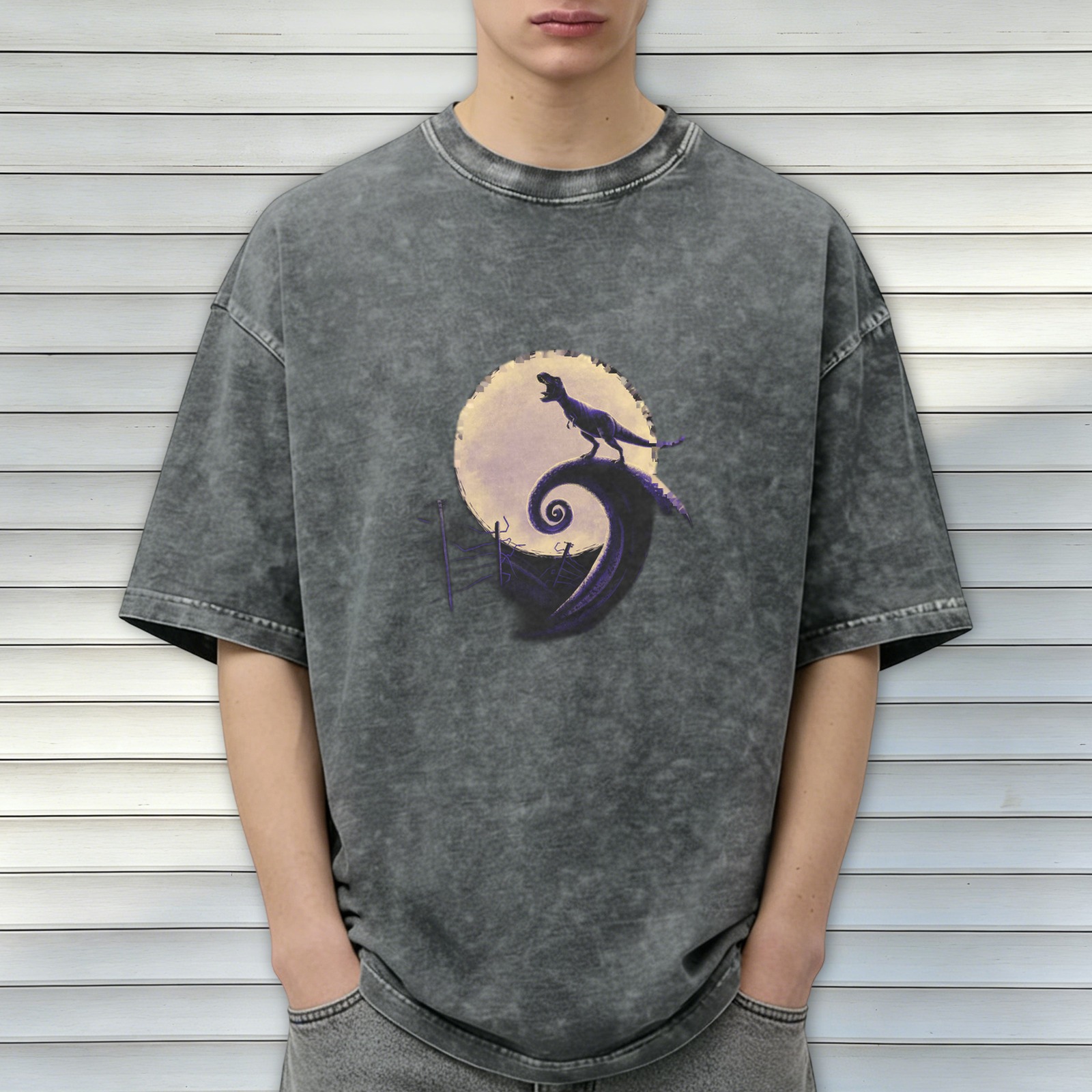 Dinosaur Moon Spiral Graphic Acid-Wash T-Shirt