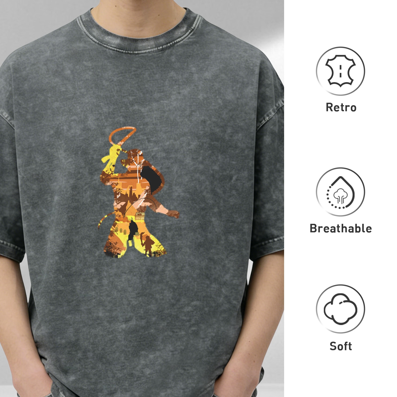 Washed Black Oversized T-Shirt With Monkey King Silhouette Graphic