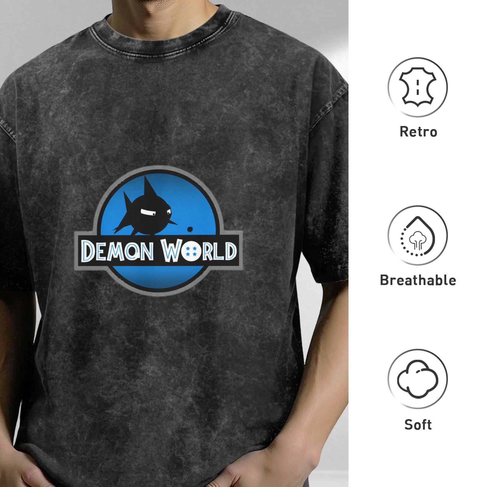 Oversized Acid Wash T-Shirt with Demon World Graphic Print