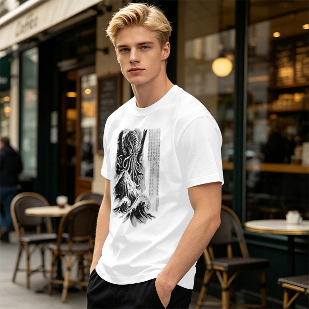 Olive T-shirt with Cthulhu and Wave Gothic Art Print