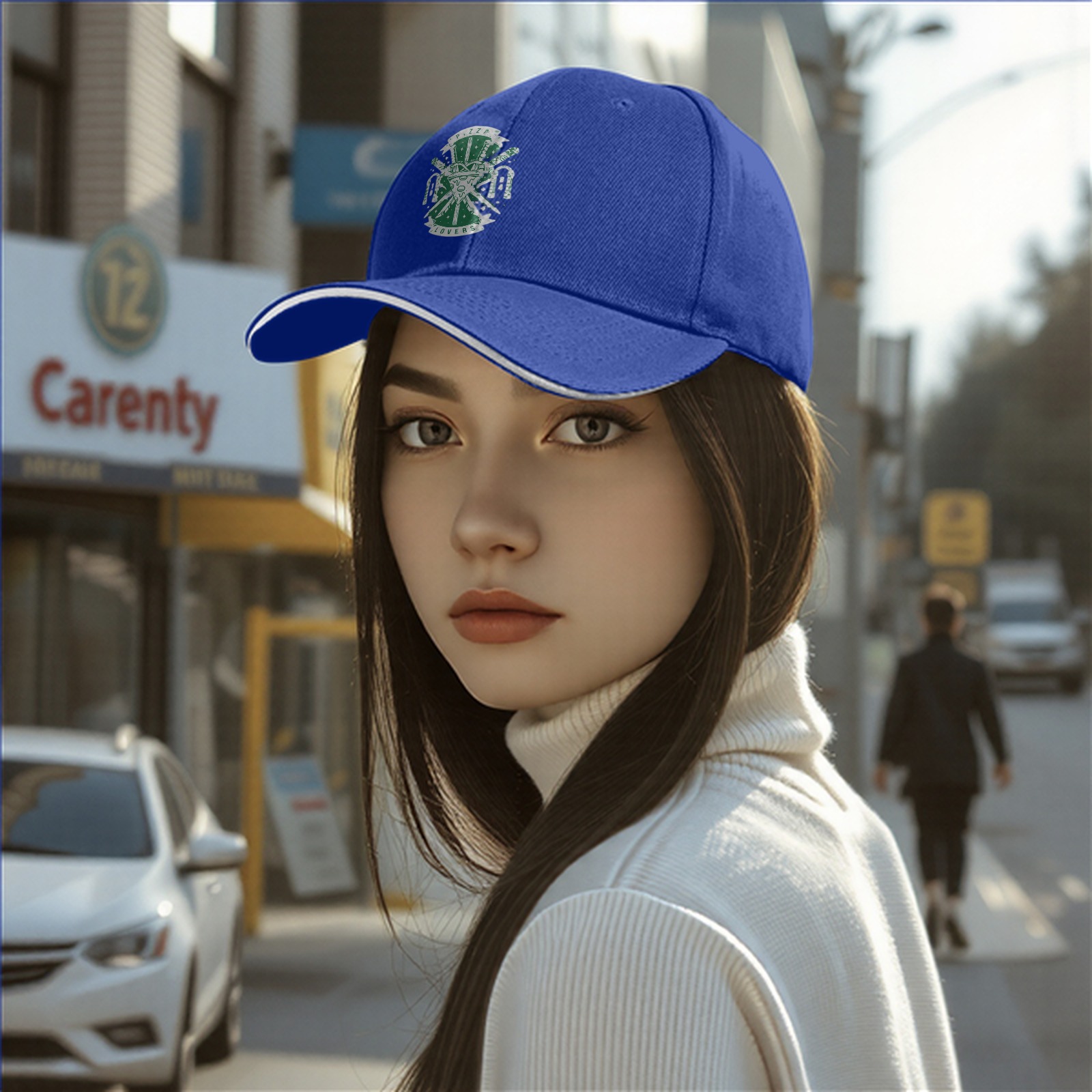 Black baseball cap with pizza lovers themed graphic print