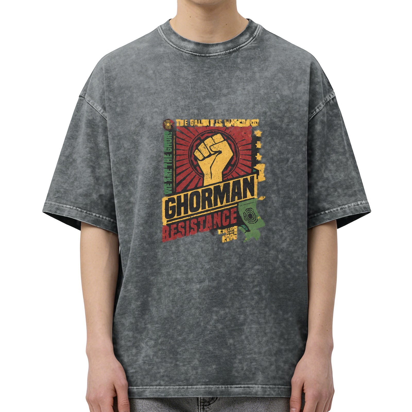 Ghorman Resistance Fist Graphic Acid-Wash Oversized T-Shirt