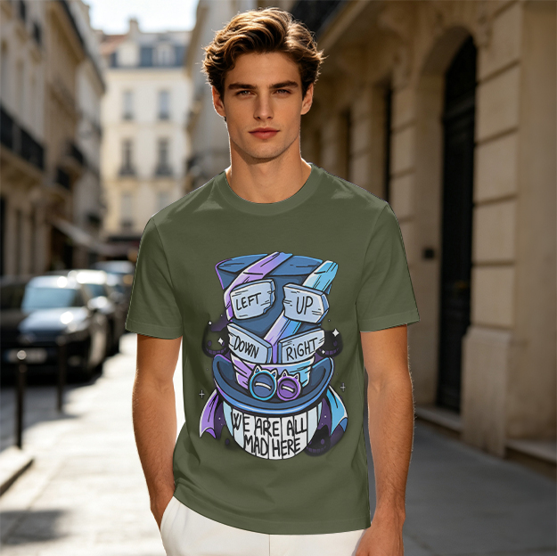 Olive T-shirt with Mad Hatter Hat Print and We Are All Mad Here Text