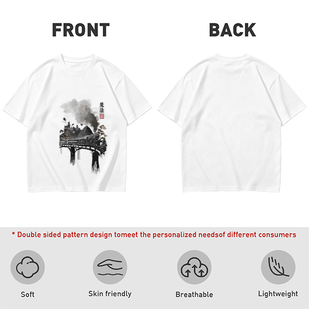 Olive green t-shirt with ink-style piano and landscape graphic