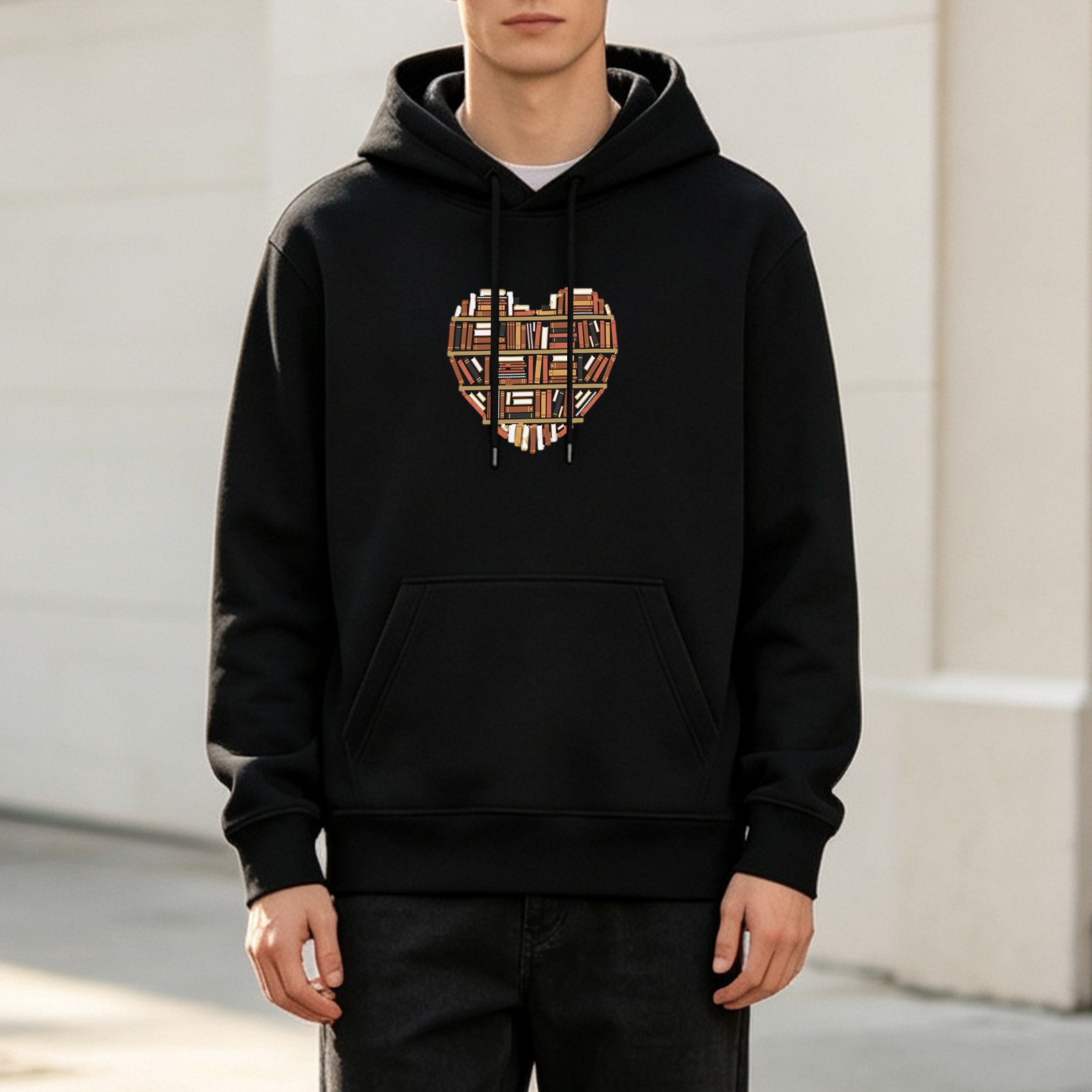 Black Hoodie With Heart Shaped Bookshelf Graphic