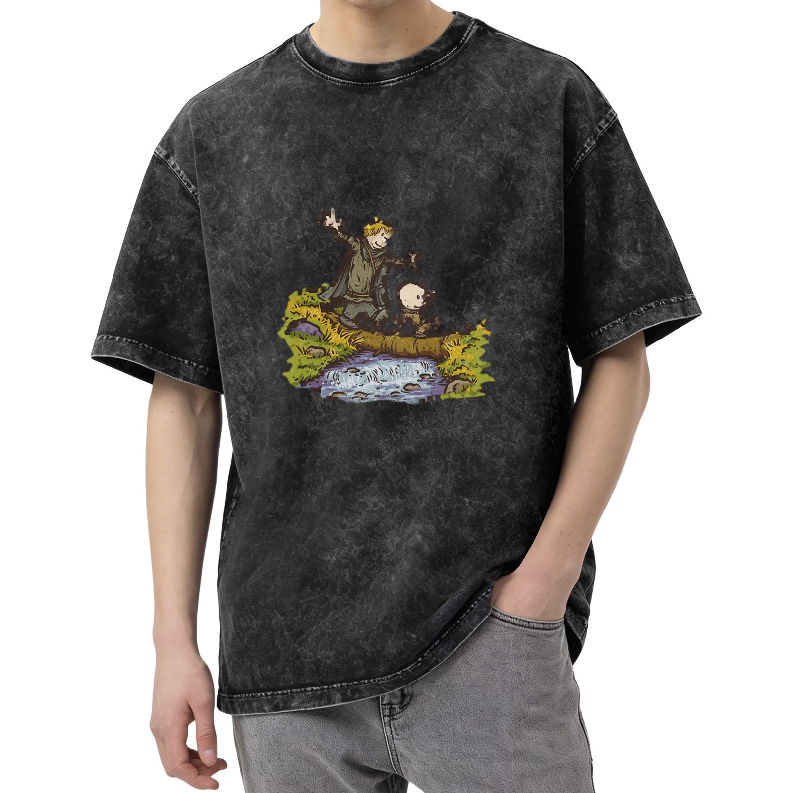 Vintage Washed T-Shirt With Fantasy Cartoon Characters Crossing Stream