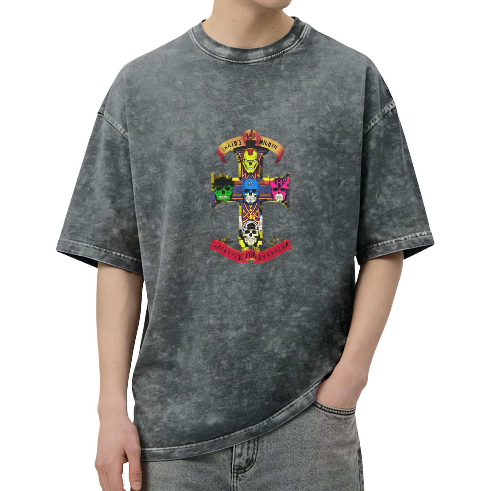 Washed black t-shirt with superhero skull cross graphic design