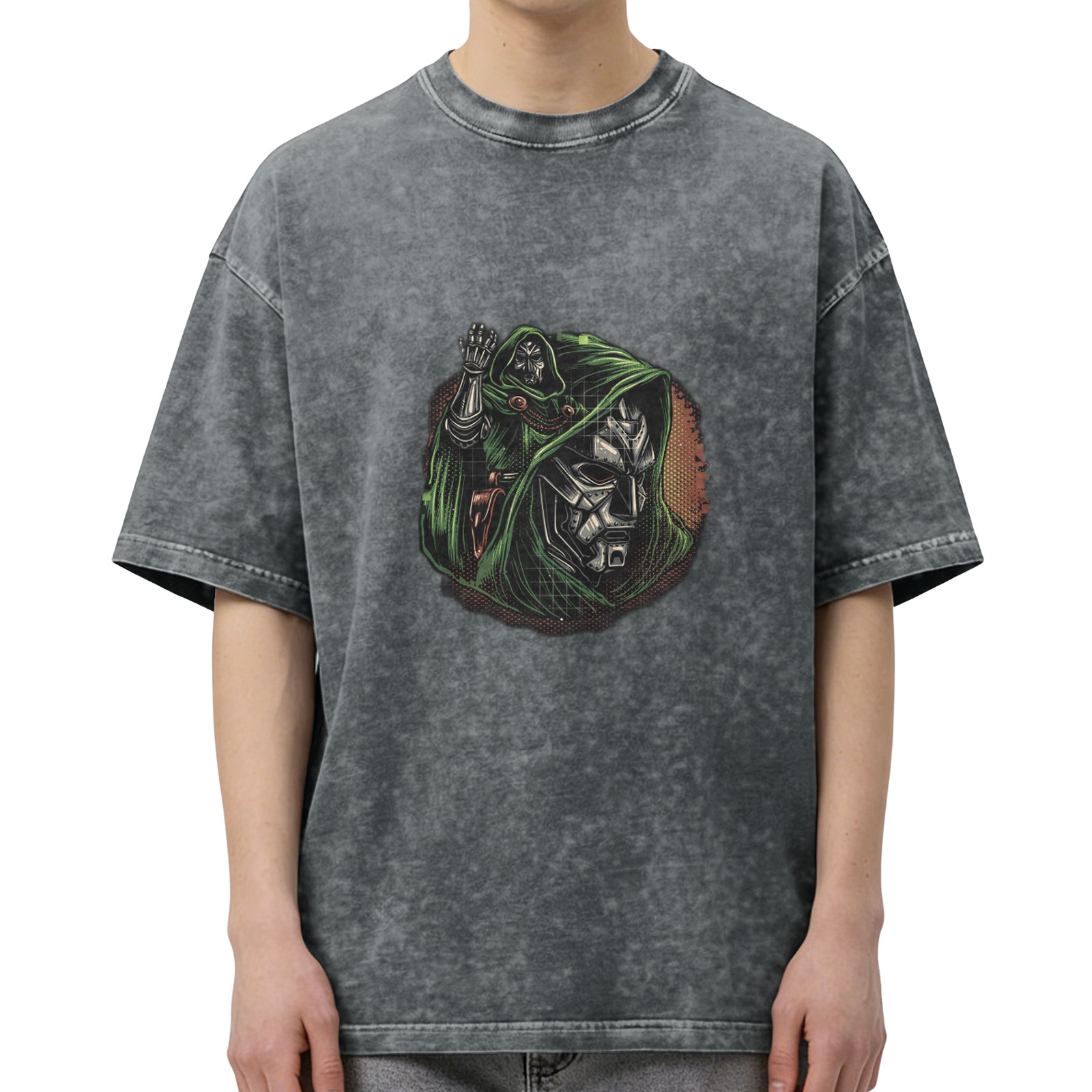 Oversized Acid Wash T-Shirt With Doom Villain Graphic