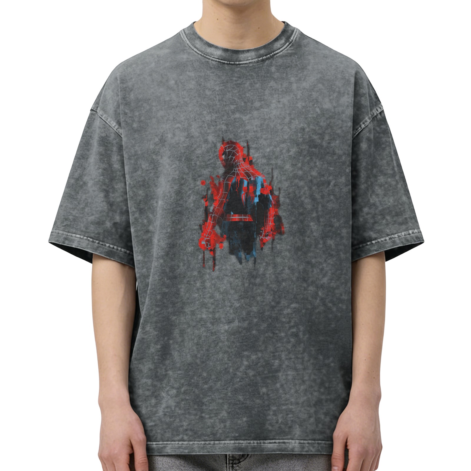 Oversized Acid Wash T-Shirt with Abstract Spider-Man Graphic