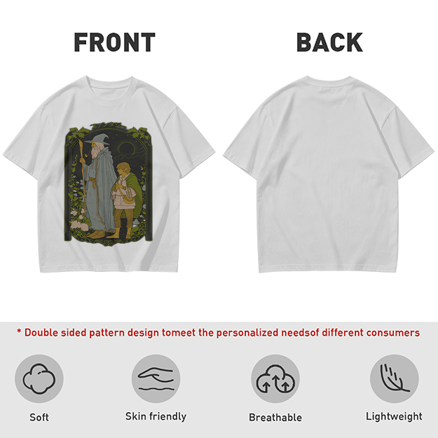 Olive T-Shirt with Wizard and Hobbit Fantasy Art Print