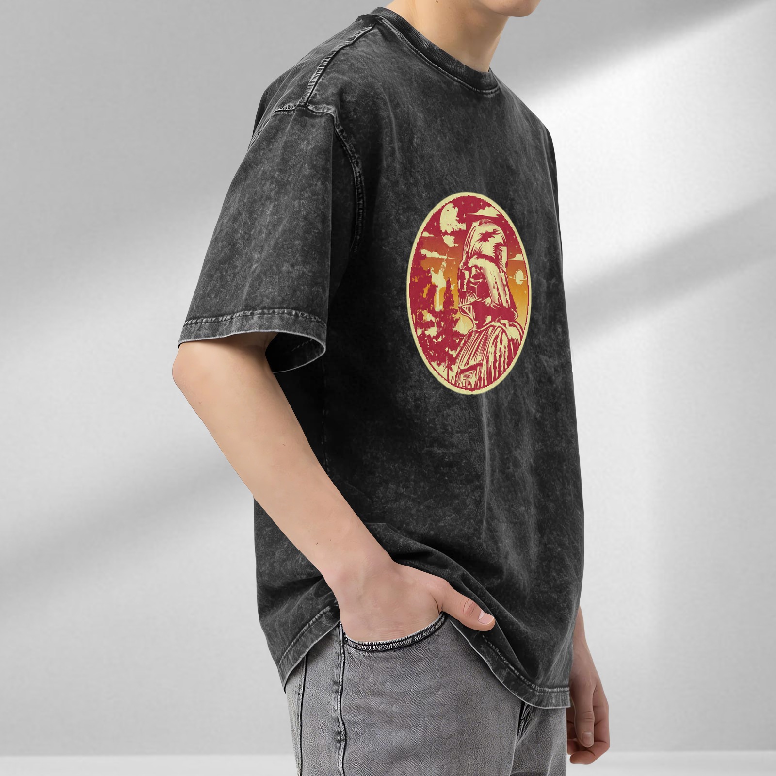 Oversized Dark Wash T-Shirt With Star Wars Darth Vader Sunset Print