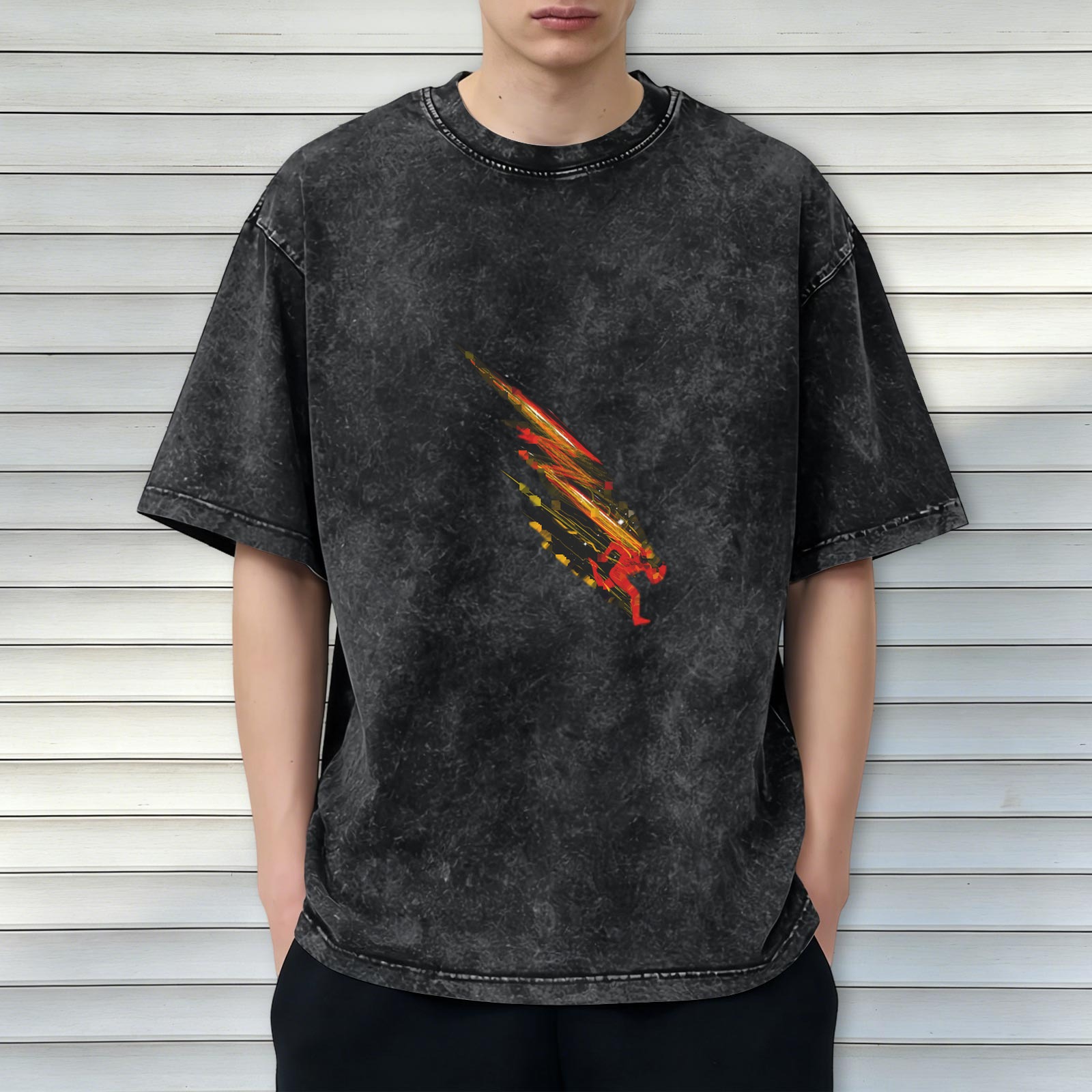 Oversized acid wash t-shirt with speedster running graphic