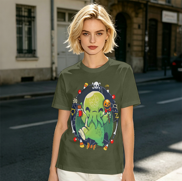Olive T-Shirt With Cute Halloween Cthulhu Graphic Print