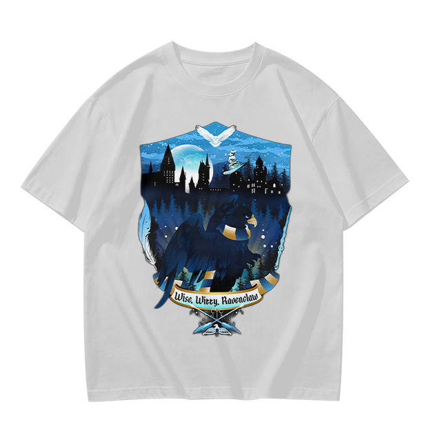Olive t-shirt with Ravenclaw house crest night castle design