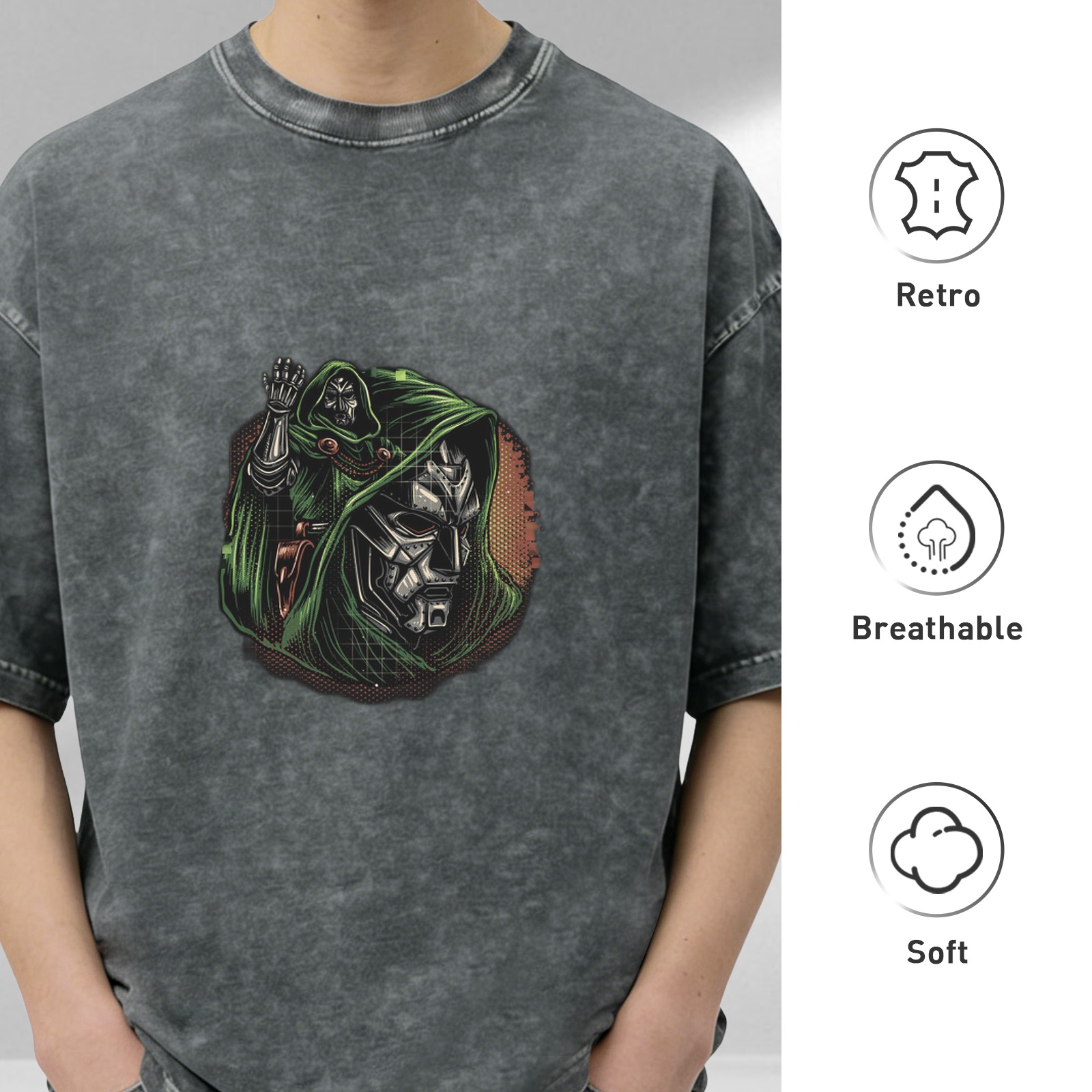 Oversized Acid Wash T-Shirt With Doom Villain Graphic