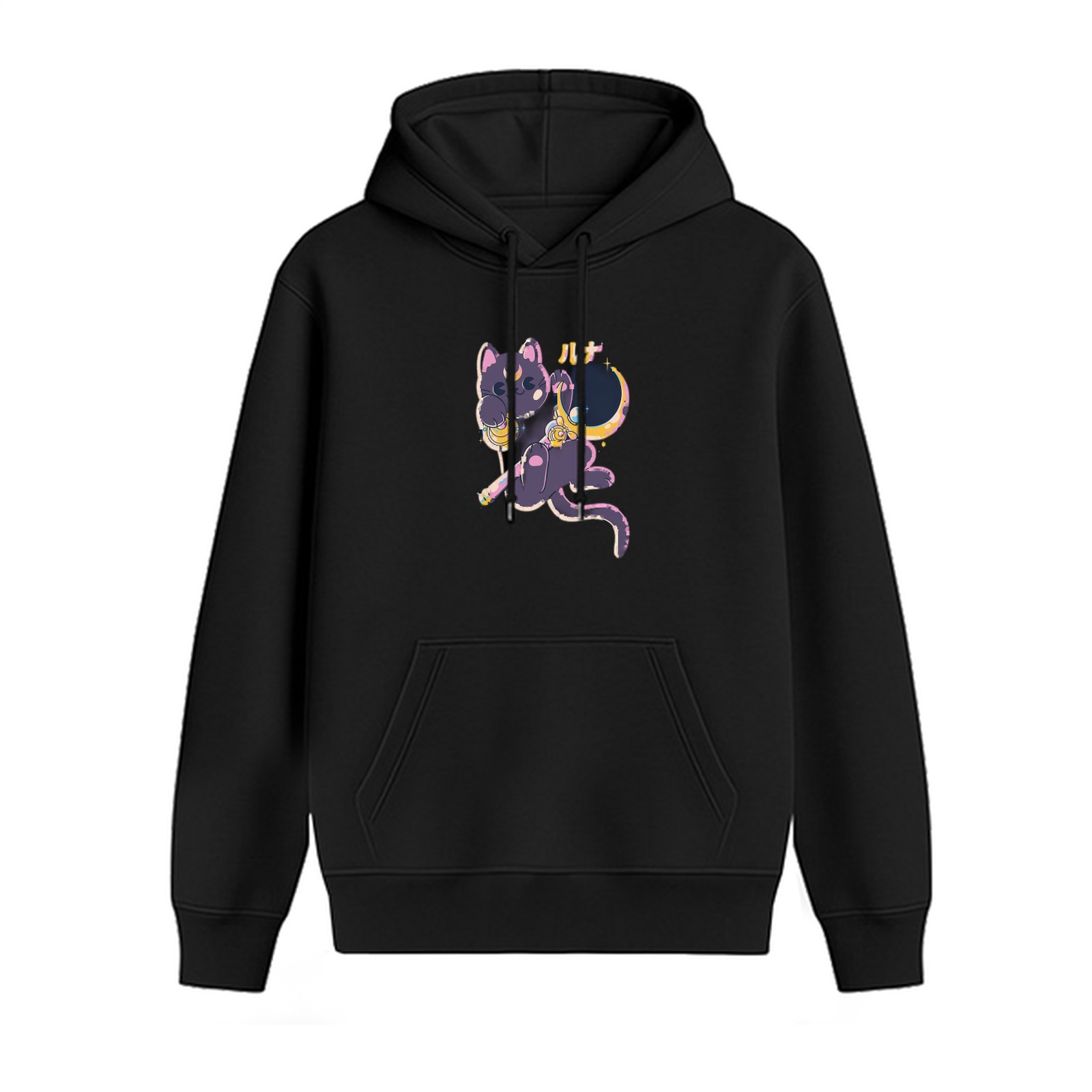 Black hoodie with cute magical purple cat graphic