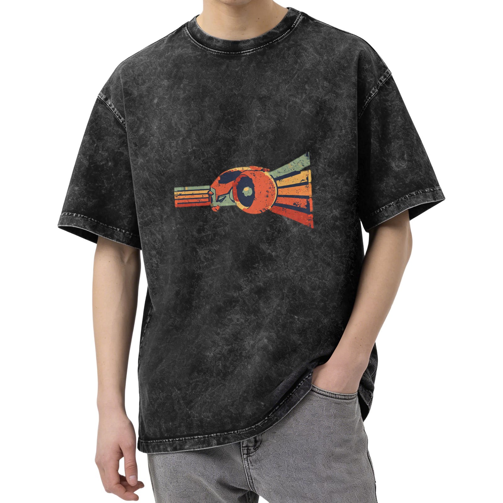 Distressed washed black loose short-sleeved T-shirt Retro style graphic print top