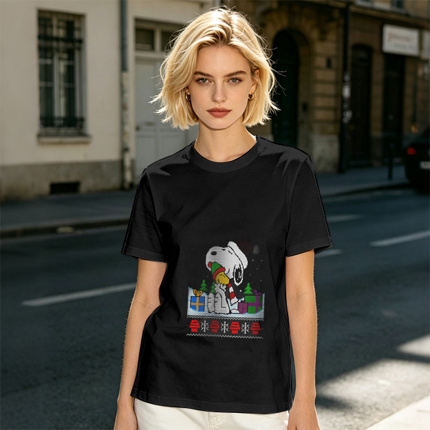 Olive Christmas Snoopy and Woodstock Graphic T-Shirt
