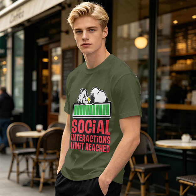 Olive t-shirt with Snoopy 'Social Interactions Limit Reached' print