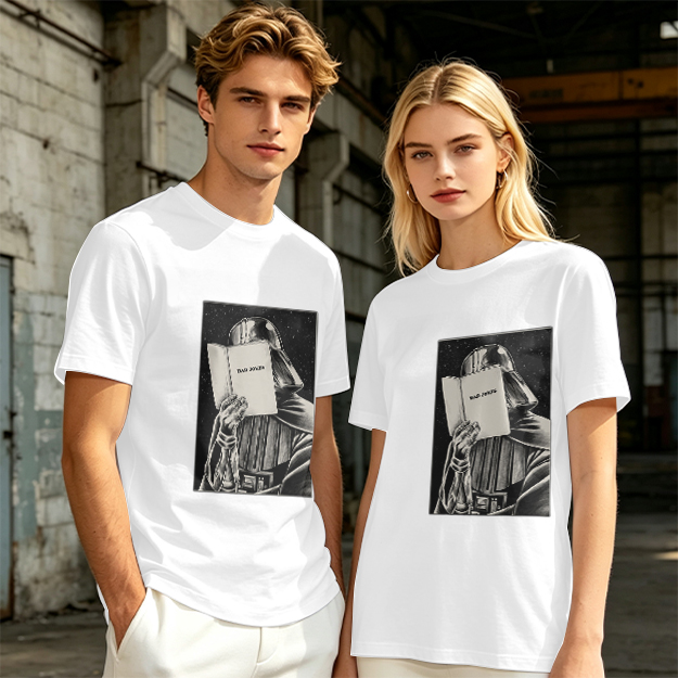 Olive T-shirt with Darth Vader reading a book graphic