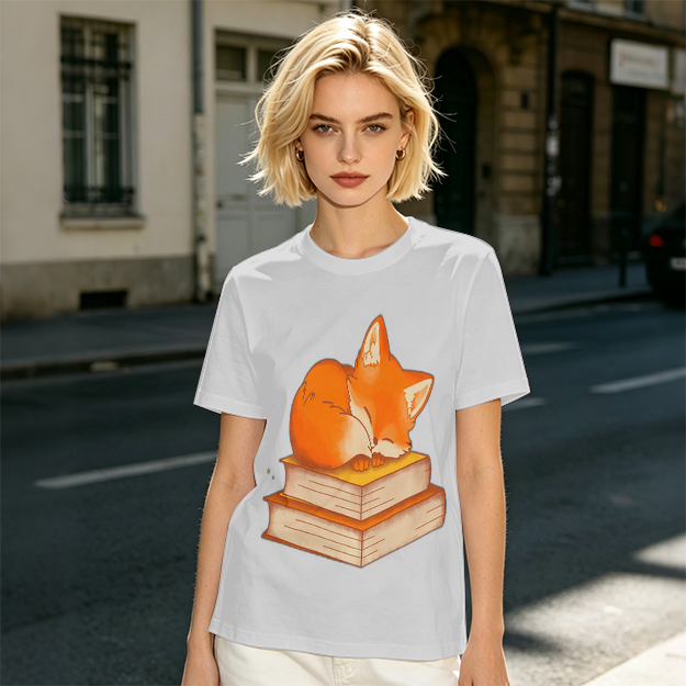 Olive T-Shirt With Sleeping Fox On Stacked Books Print