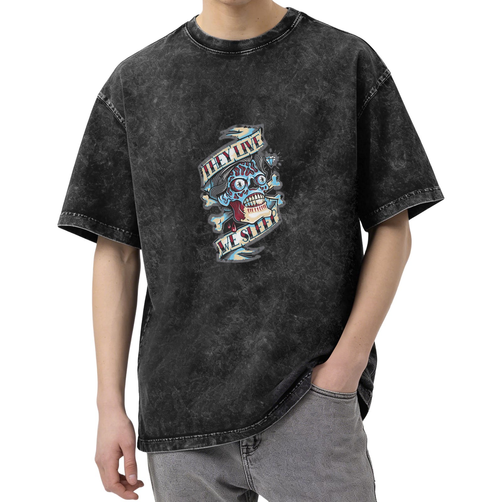 Washed Black Graphic T-Shirt with They Live Skull Banner Design