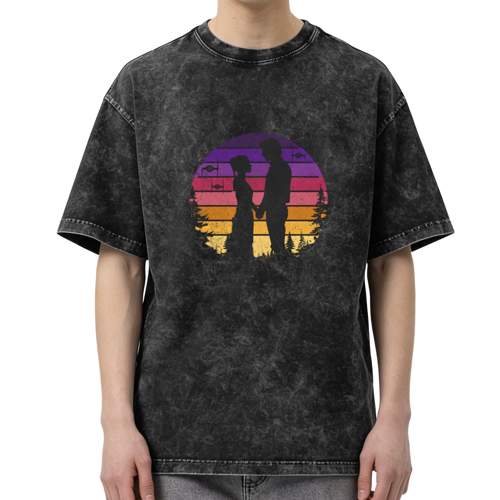 Washed Black T-Shirt with Retro Sunset Couple Silhouette Graphic