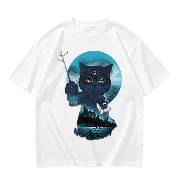 Olive T-shirt with Harry Potter themed wizard cat graphic
