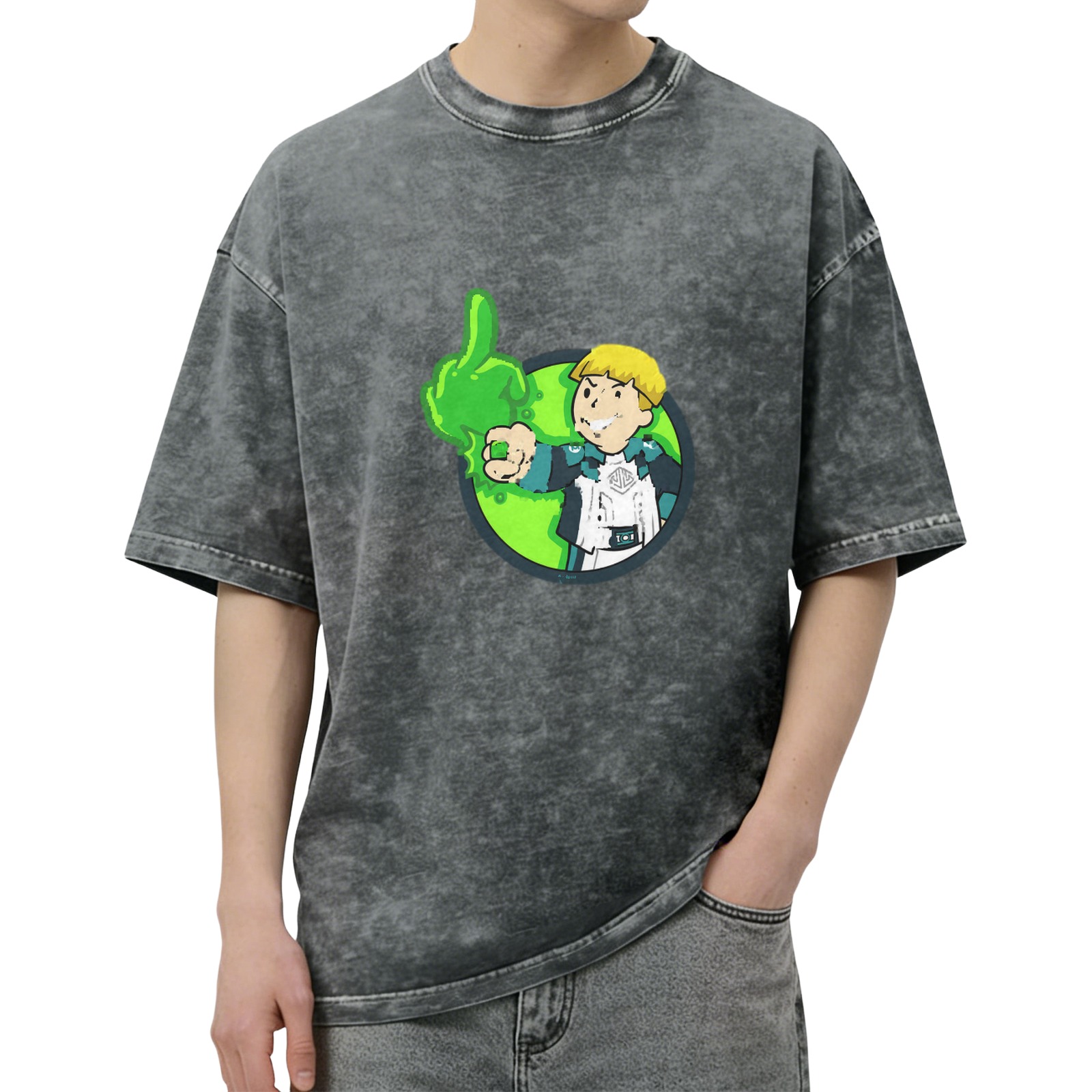 Oversized Acid Wash T-Shirt With Cartoon Character And Green Slime Graphic