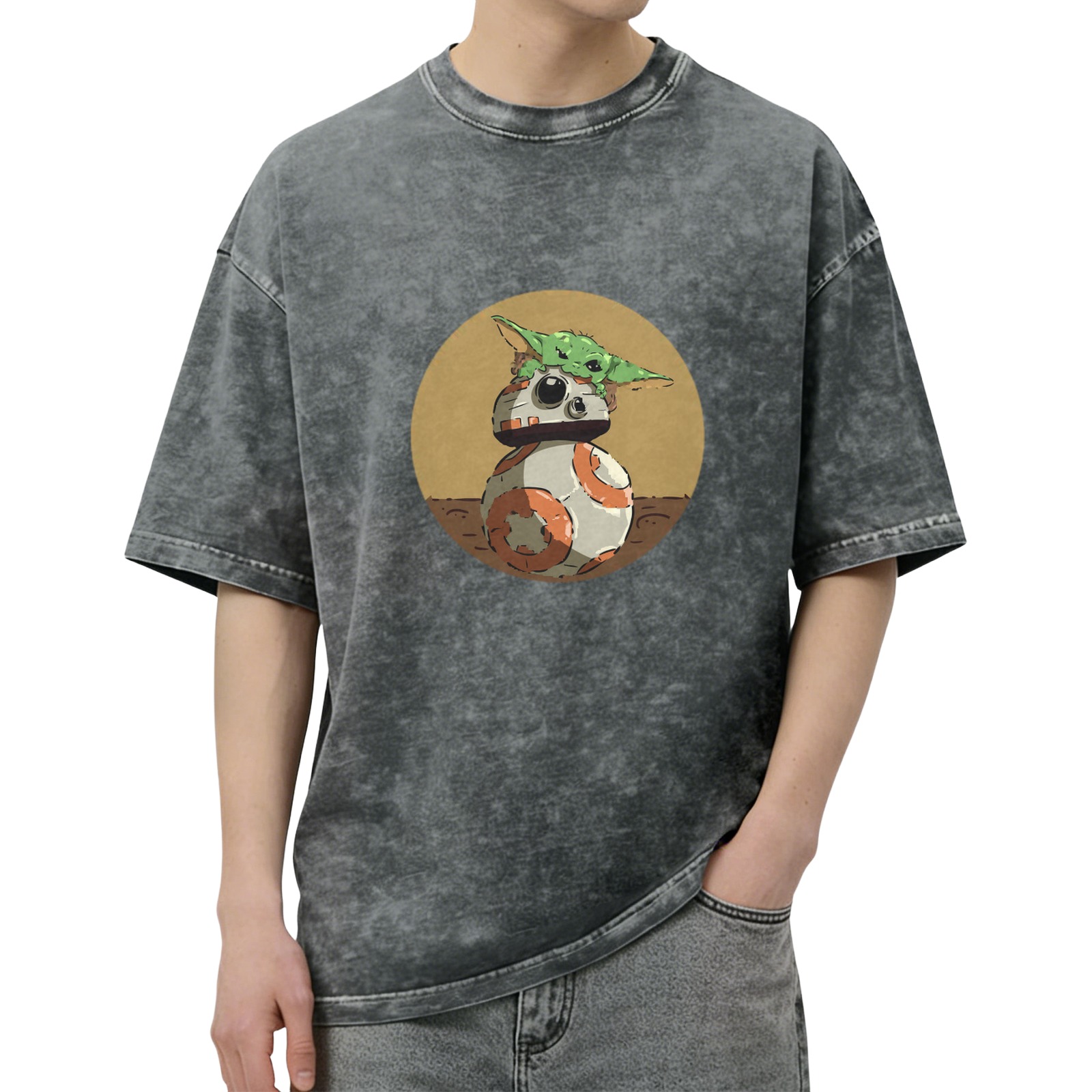 Star Wars Baby Yoda and BB-8 Graphic Washed Black T-Shirt